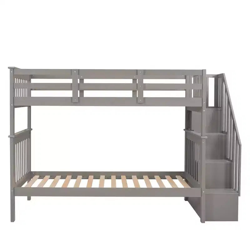 Luxystar Twin over Twin Bunk Bed with Storage Staircase and Fence for Apartment and Dorm