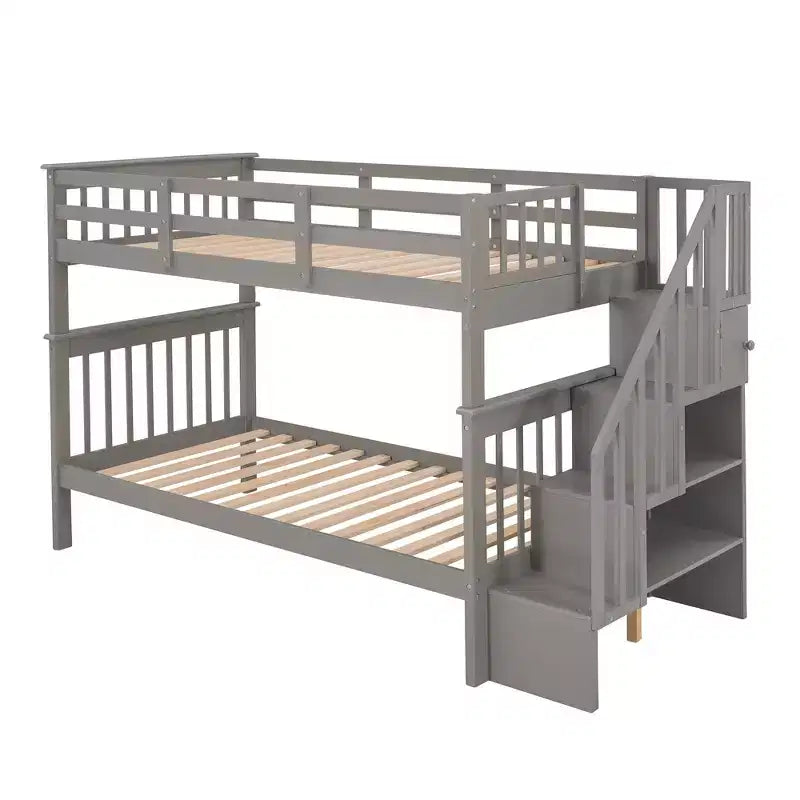 Luxystar Twin over Twin Bunk Bed with Storage Staircase and Fence for Apartment and Dorm