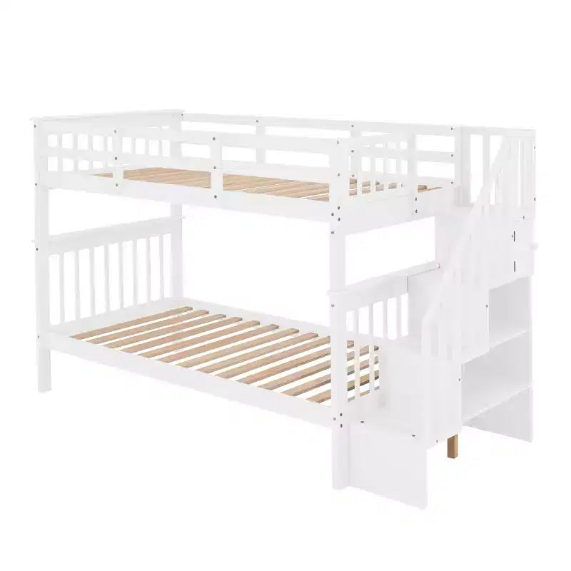 Luxystar Twin over Twin Bunk Bed with Storage Staircase and Fence for Apartment and Dorm