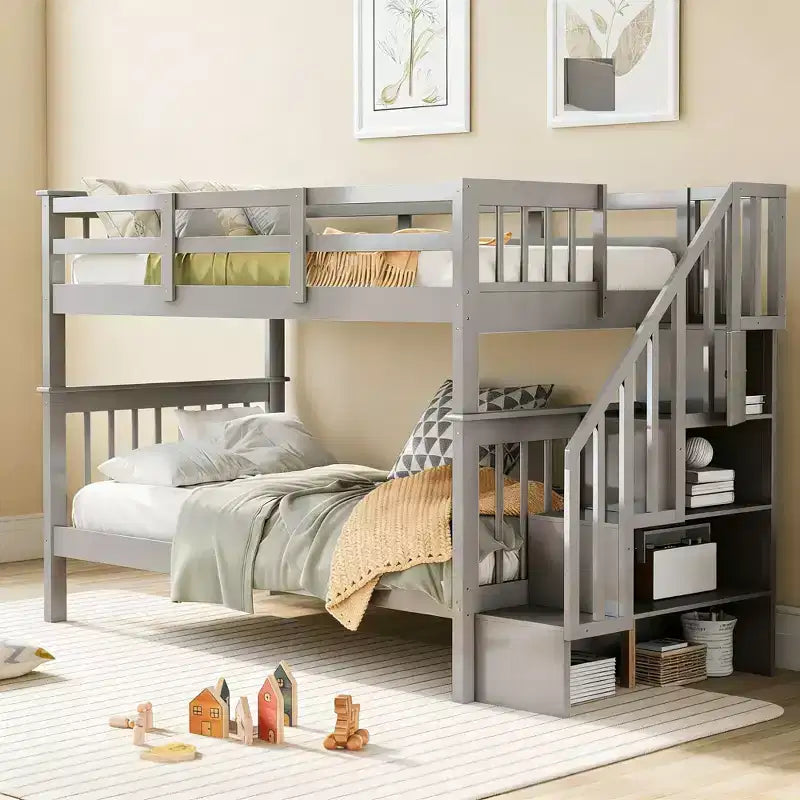 Luxystar Twin over Twin Bunk Bed with Storage Staircase and Fence for Apartment and Dorm