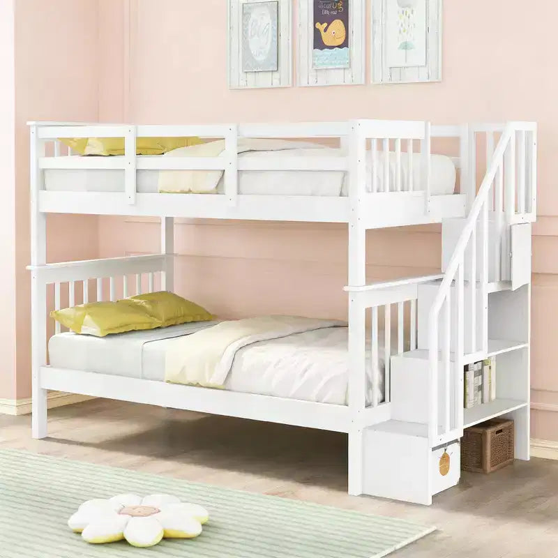 Luxystar Twin over Twin Bunk Bed with Storage Staircase and Fence for Apartment and Dorm