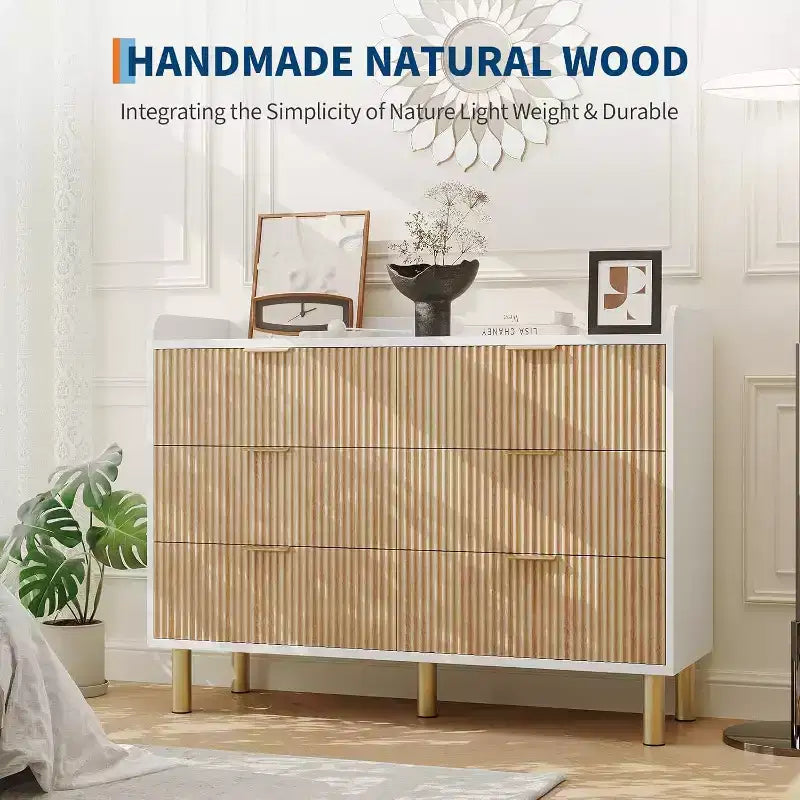 Garvee 6-Drawer Dresser, 47.2 Fluted Wood Double Dresser with Metal Handles Curved Design Wide Storage Organizer Cabinet,Natural Oak+White