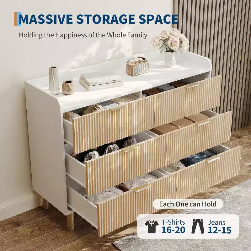 Garvee 6-Drawer Dresser, 47.2 Fluted Wood Double Dresser with Metal Handles Curved Design Wide Storage Organizer Cabinet,Natural Oak+White