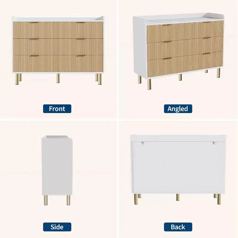 Garvee 6-Drawer Dresser, 47.2 Fluted Wood Double Dresser with Metal Handles Curved Design Wide Storage Organizer Cabinet,Natural Oak+White