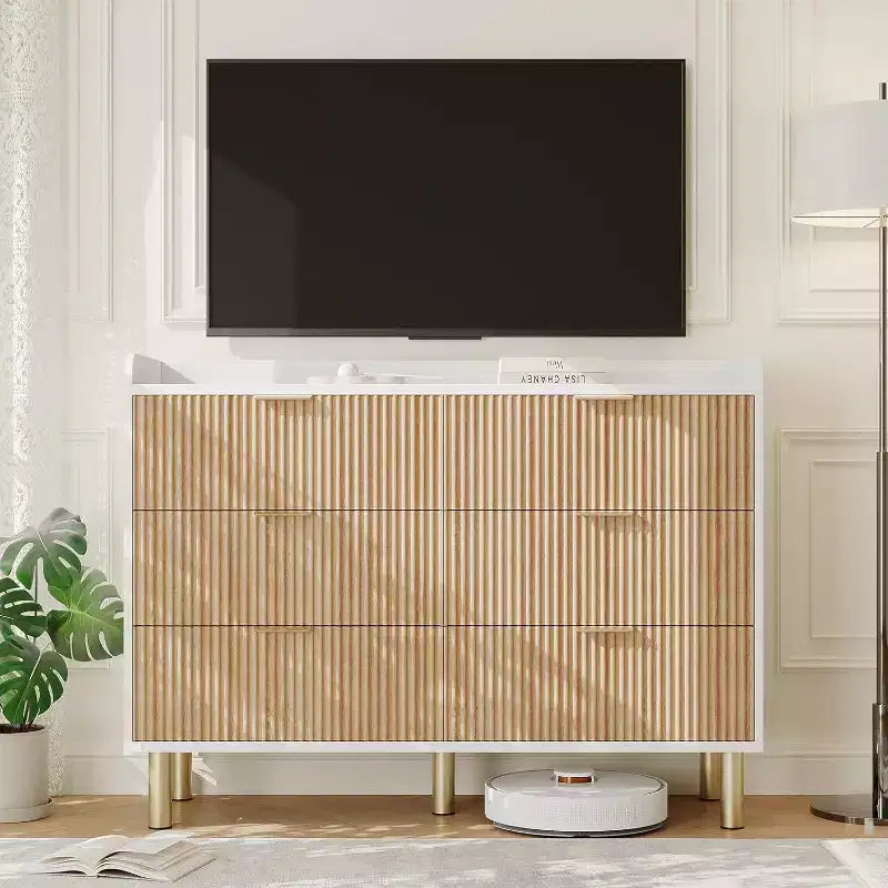 Garvee 6-Drawer Dresser, 47.2 Fluted Wood Double Dresser with Metal Handles Curved Design Wide Storage Organizer Cabinet,Natural Oak+White
