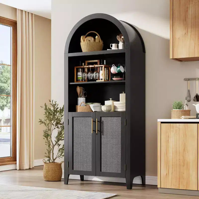 Arched Bookcase with Doors and Rattan Panels, 5 Tier Storage Cabinet with Adjustable Shelf for Living Room or Office