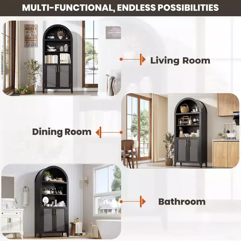 Arched Bookcase with Doors and Rattan Panels, 5 Tier Storage Cabinet with Adjustable Shelf for Living Room or Office
