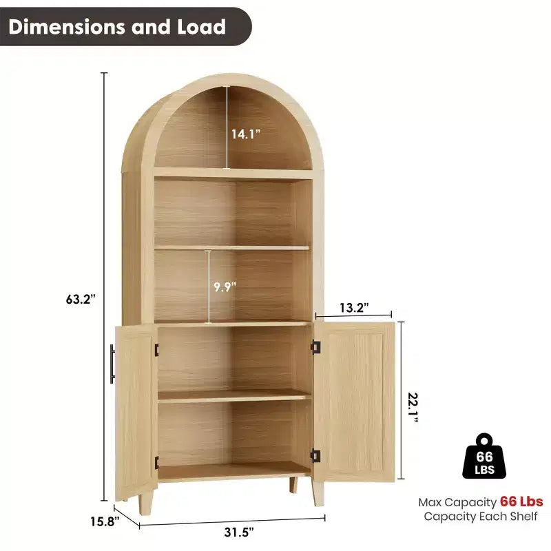 Arched Bookcase with Doors and Rattan Panels, 5 Tier Storage Cabinet with Adjustable Shelf for Living Room or Office
