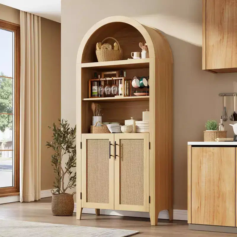 Arched Bookcase with Doors and Rattan Panels, 5 Tier Storage Cabinet with Adjustable Shelf for Living Room or Office