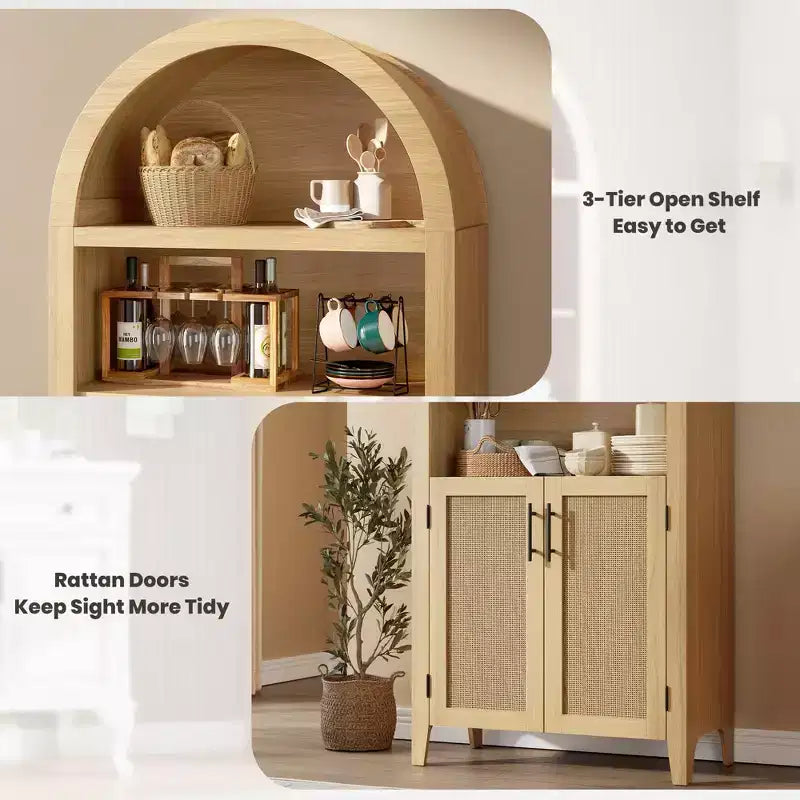 Arched Bookcase with Doors and Rattan Panels, 5 Tier Storage Cabinet with Adjustable Shelf for Living Room or Office