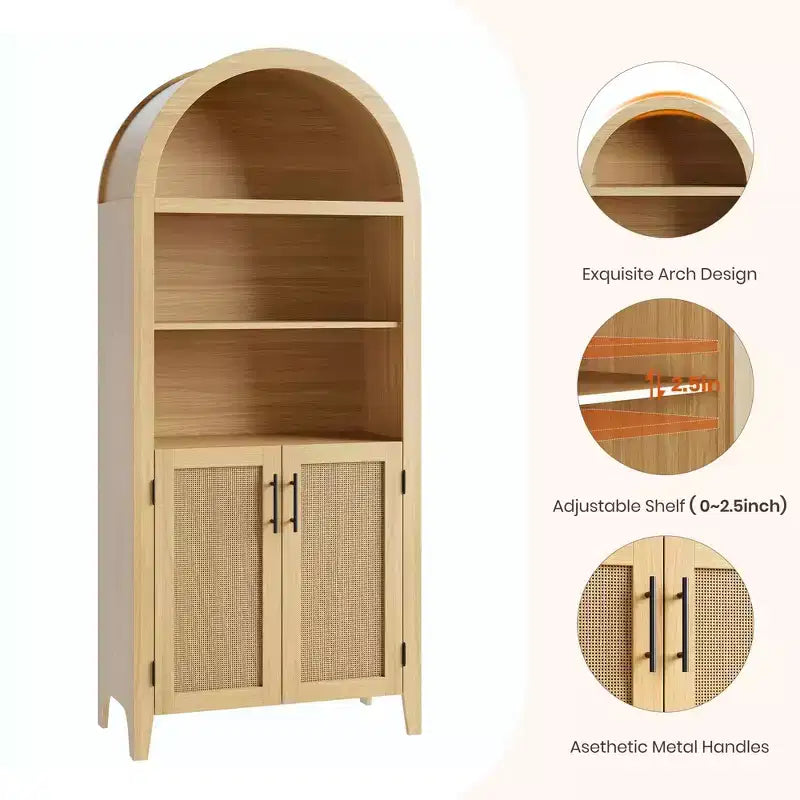 Arched Bookcase with Doors and Rattan Panels, 5 Tier Storage Cabinet with Adjustable Shelf for Living Room or Office