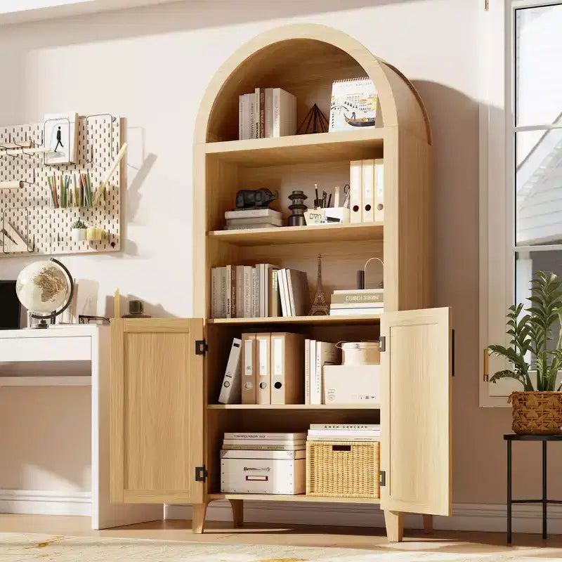 Arched Bookcase with Doors and Rattan Panels, 5 Tier Storage Cabinet with Adjustable Shelf for Living Room or Office