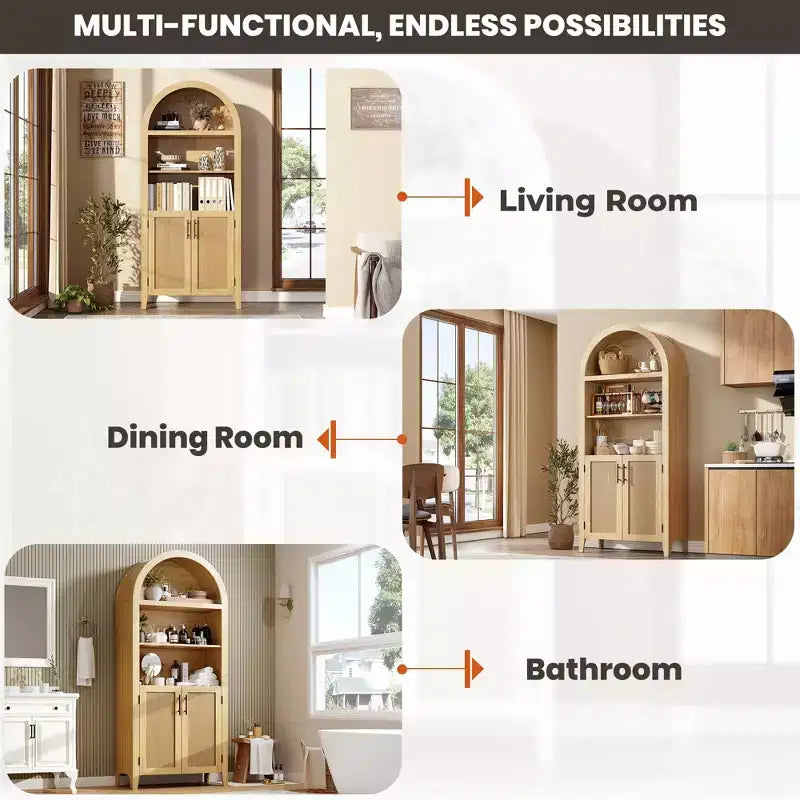 Arched Bookcase with Doors and Rattan Panels, 5 Tier Storage Cabinet with Adjustable Shelf for Living Room or Office