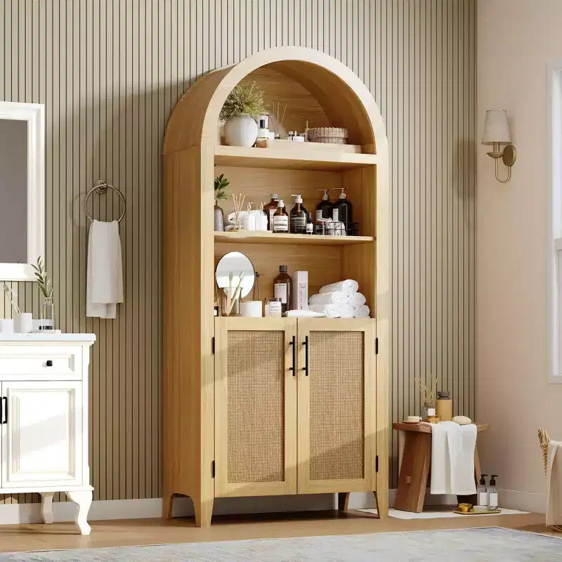 Arched Bookcase with Doors and Rattan Panels, 5 Tier Storage Cabinet with Adjustable Shelf for Living Room or Office