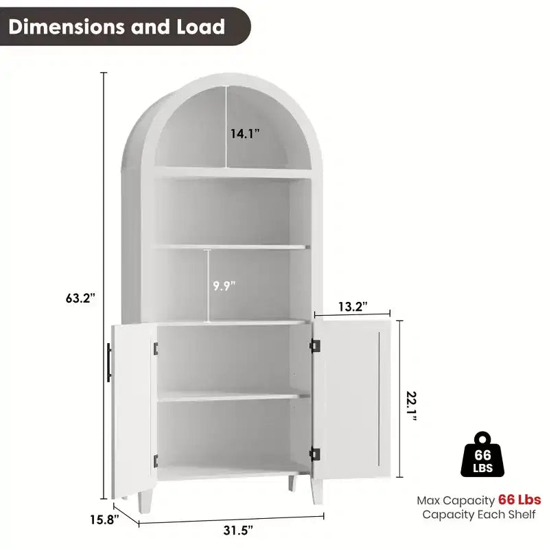 Arched Bookcase with Doors and Rattan Panels, 5 Tier Storage Cabinet with Adjustable Shelf for Living Room or Office