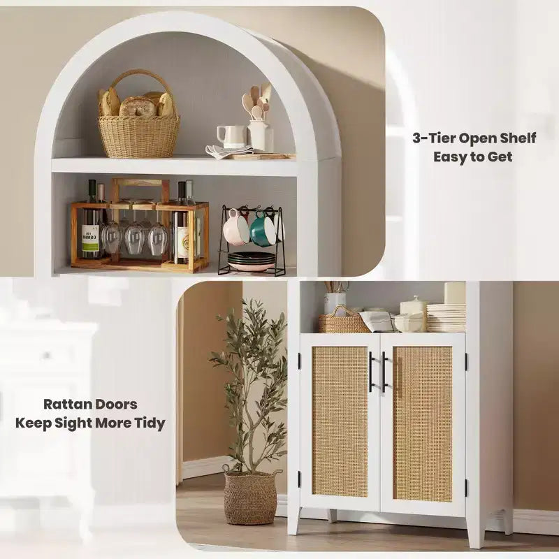 Arched Bookcase with Doors and Rattan Panels, 5 Tier Storage Cabinet with Adjustable Shelf for Living Room or Office