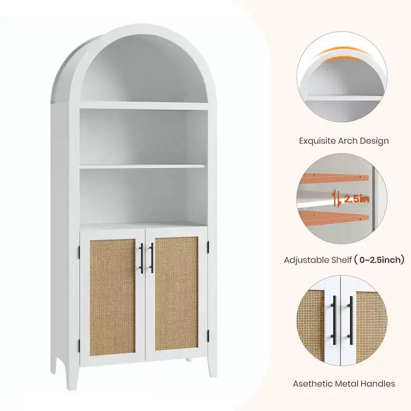 Arched Bookcase with Doors and Rattan Panels, 5 Tier Storage Cabinet with Adjustable Shelf for Living Room or Office