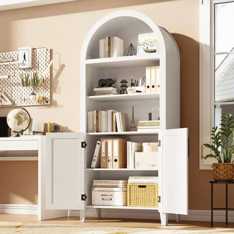 Arched Bookcase with Doors and Rattan Panels, 5 Tier Storage Cabinet with Adjustable Shelf for Living Room or Office