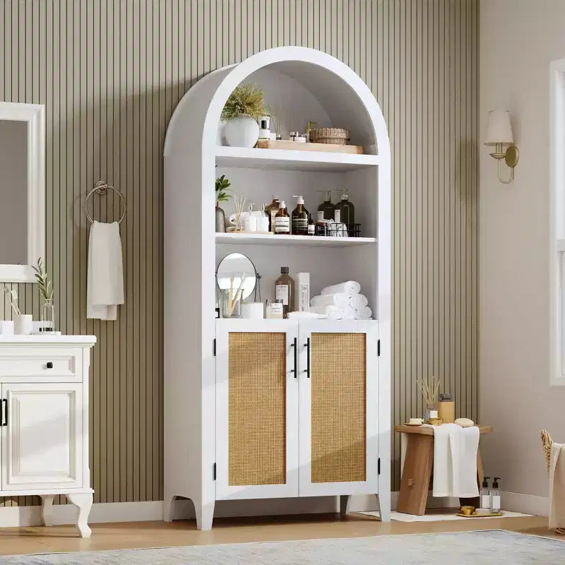Arched Bookcase with Doors and Rattan Panels, 5 Tier Storage Cabinet with Adjustable Shelf for Living Room or Office