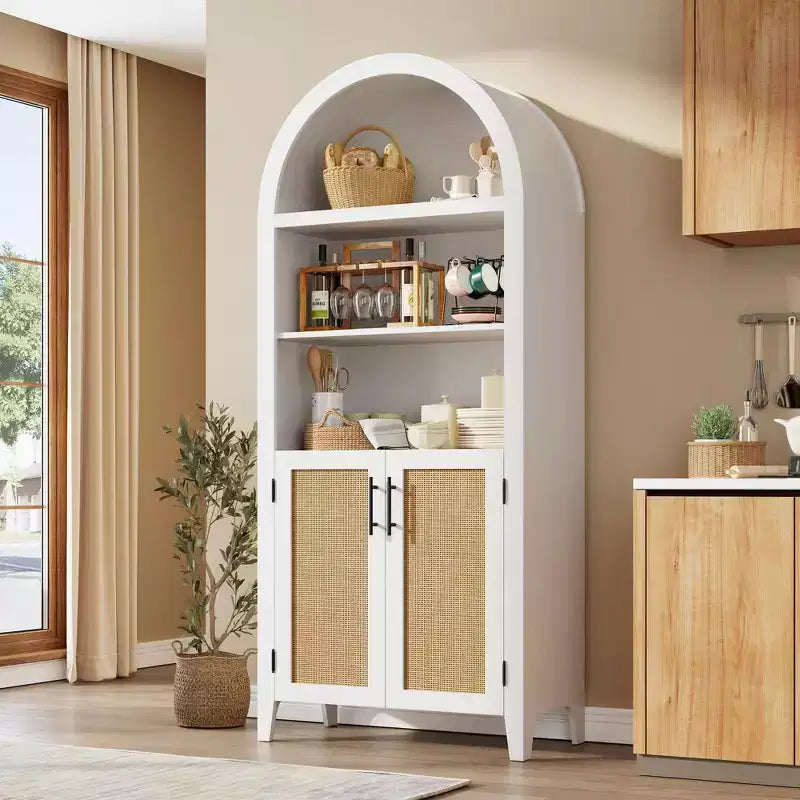 Arched Bookcase with Doors and Rattan Panels, 5 Tier Storage Cabinet with Adjustable Shelf for Living Room or Office