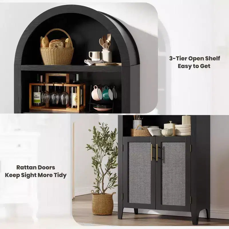 Arched Bookcase with Doors and Rattan Panels, 5 Tier Storage Cabinet with Adjustable Shelf for Living Room or Office