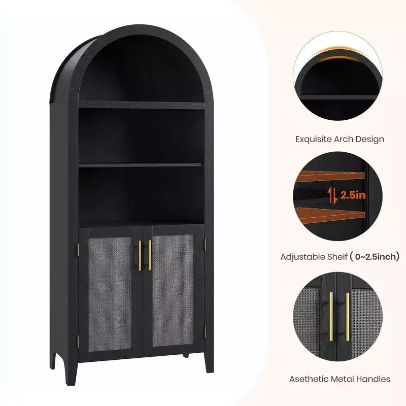 Arched Bookcase with Doors and Rattan Panels, 5 Tier Storage Cabinet with Adjustable Shelf for Living Room or Office
