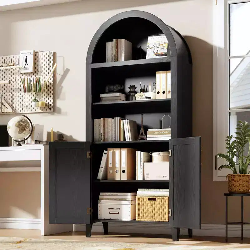 Arched Bookcase with Doors and Rattan Panels, 5 Tier Storage Cabinet with Adjustable Shelf for Living Room or Office