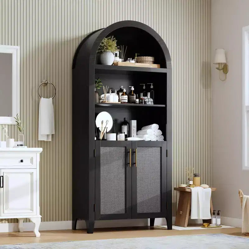 Arched Bookcase with Doors and Rattan Panels, 5 Tier Storage Cabinet with Adjustable Shelf for Living Room or Office