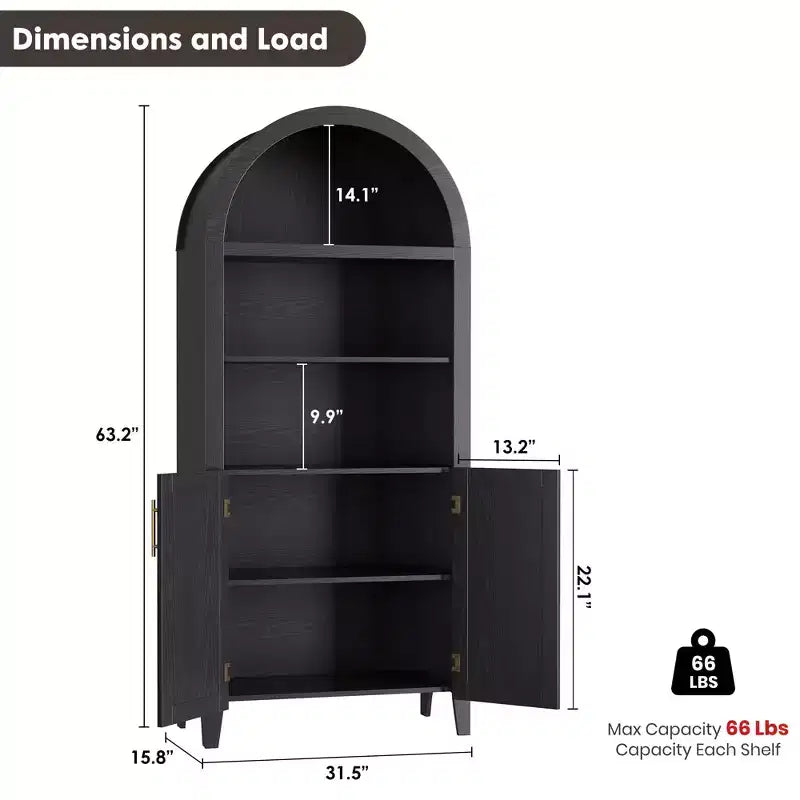 Arched Bookcase with Doors and Rattan Panels, 5 Tier Storage Cabinet with Adjustable Shelf for Living Room or Office
