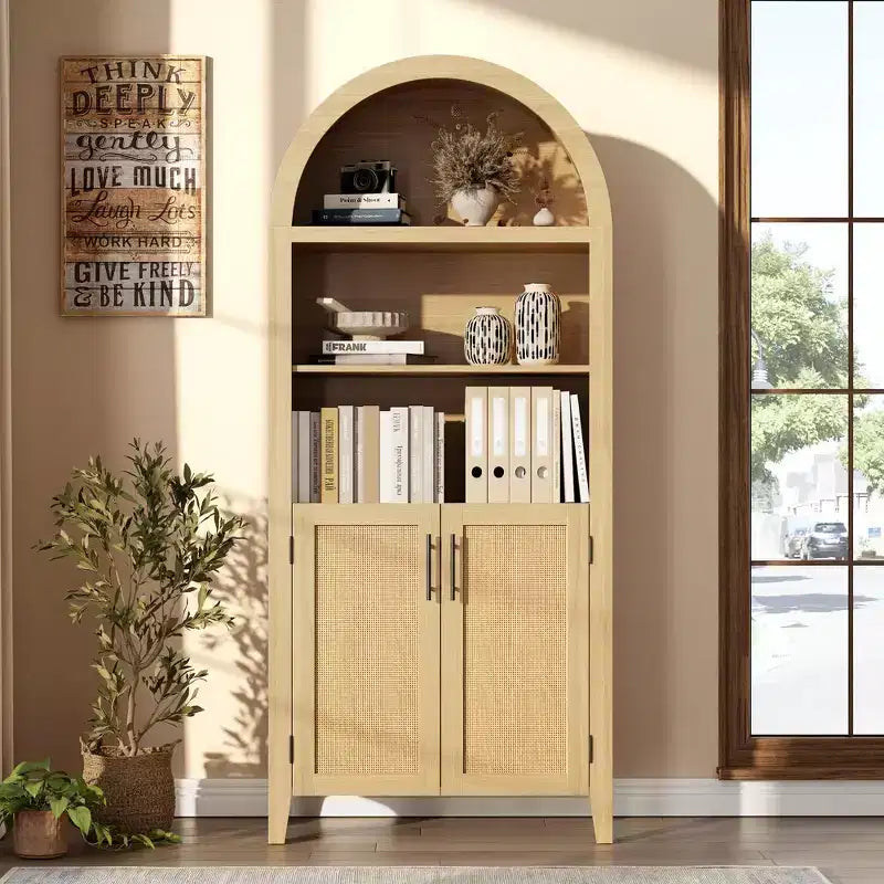 Arched Bookcase with Doors and Rattan Panels, 5 Tier Storage Cabinet with Adjustable Shelf for Living Room or Office