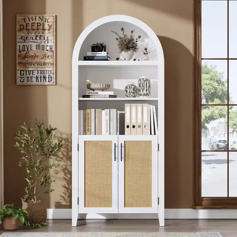 Arched Bookcase with Doors and Rattan Panels, 5 Tier Storage Cabinet with Adjustable Shelf for Living Room or Office