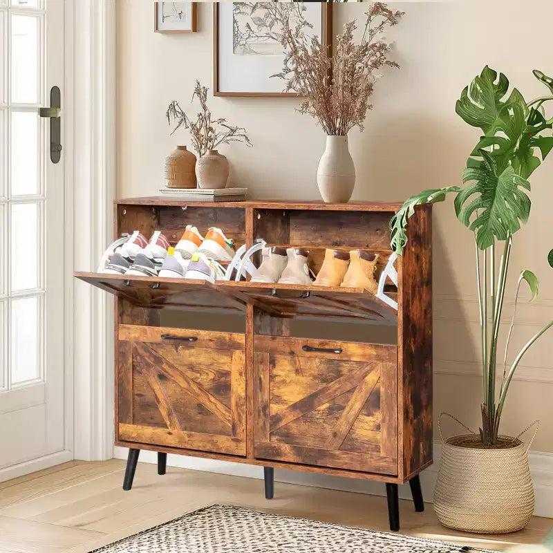 Karl Home Barn Door 4 Flip Black Handles Melamine Particleboard Black Legs Shoe Cabinet 41.7In Weathered Wood