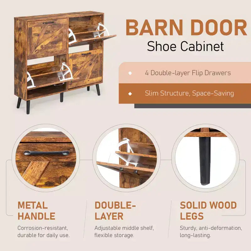 Karl Home Barn Door 4 Flip Black Handles Melamine Particleboard Black Legs Shoe Cabinet 41.7In Weathered Wood