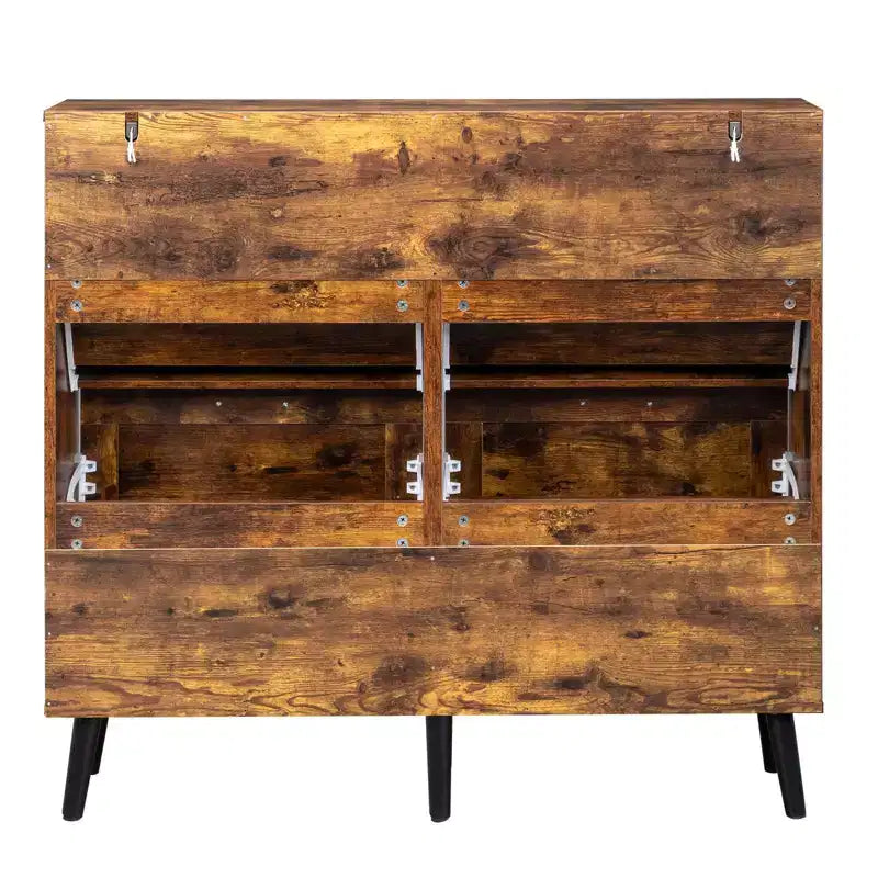 Karl Home Barn Door 4 Flip Black Handles Melamine Particleboard Black Legs Shoe Cabinet 41.7In Weathered Wood
