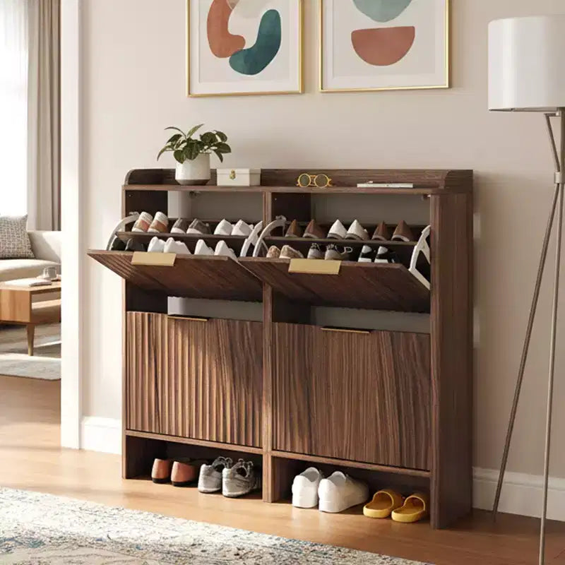 Karl Home 42.9 Inch Slatted Style 4 Flip Door Shoe Cabinet with Tabletop Baffle