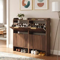 Karl Home 42.9 Inch Slatted Style 4 Flip Door Shoe Cabinet with Tabletop Baffle