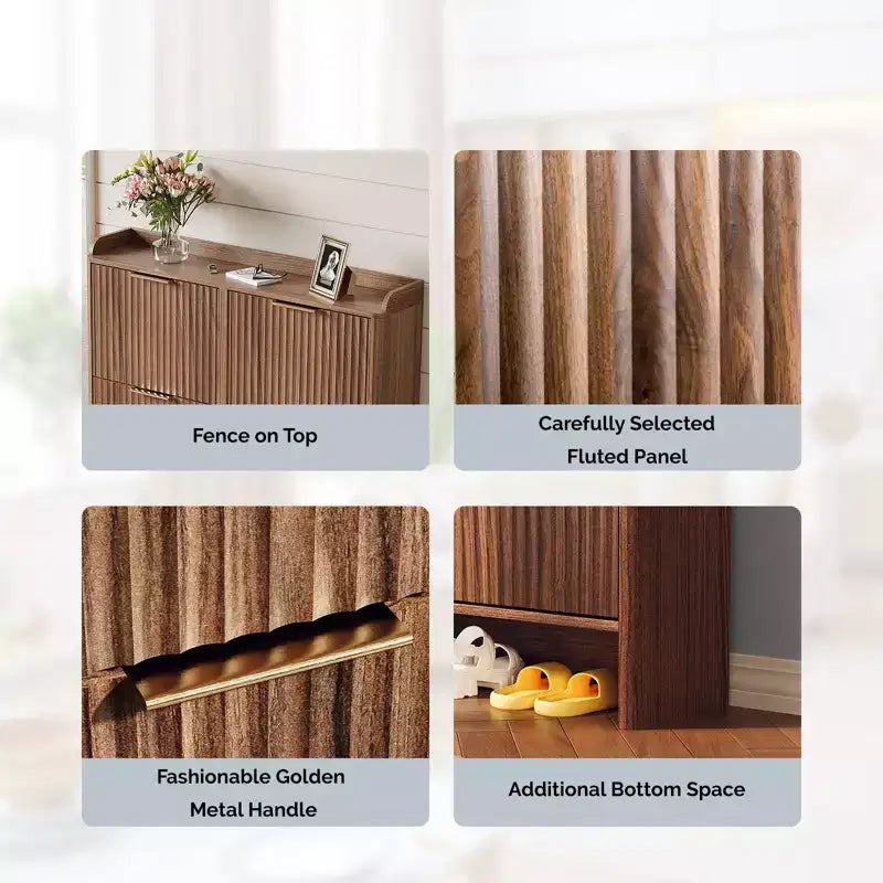 Karl Home 42.9 Inch Slatted Style 4 Flip Door Shoe Cabinet with Tabletop Baffle