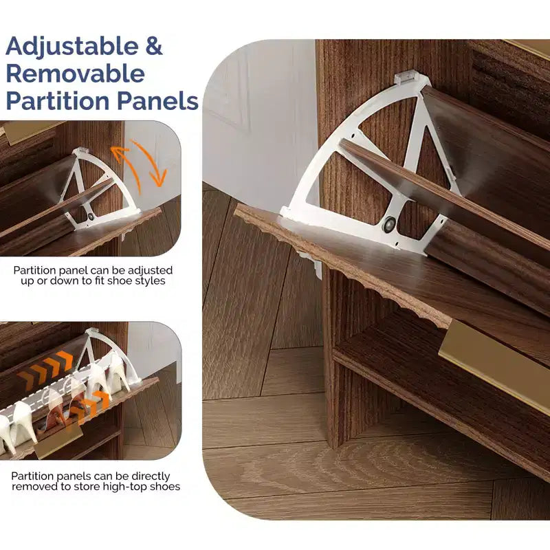 Karl Home 42.9 Inch Slatted Style 4 Flip Door Shoe Cabinet with Tabletop Baffle