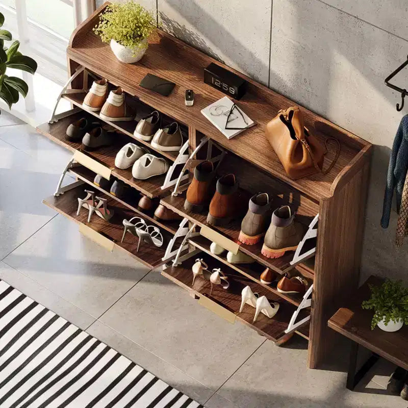 Karl Home 42.9 Inch Slatted Style 4 Flip Door Shoe Cabinet with Tabletop Baffle