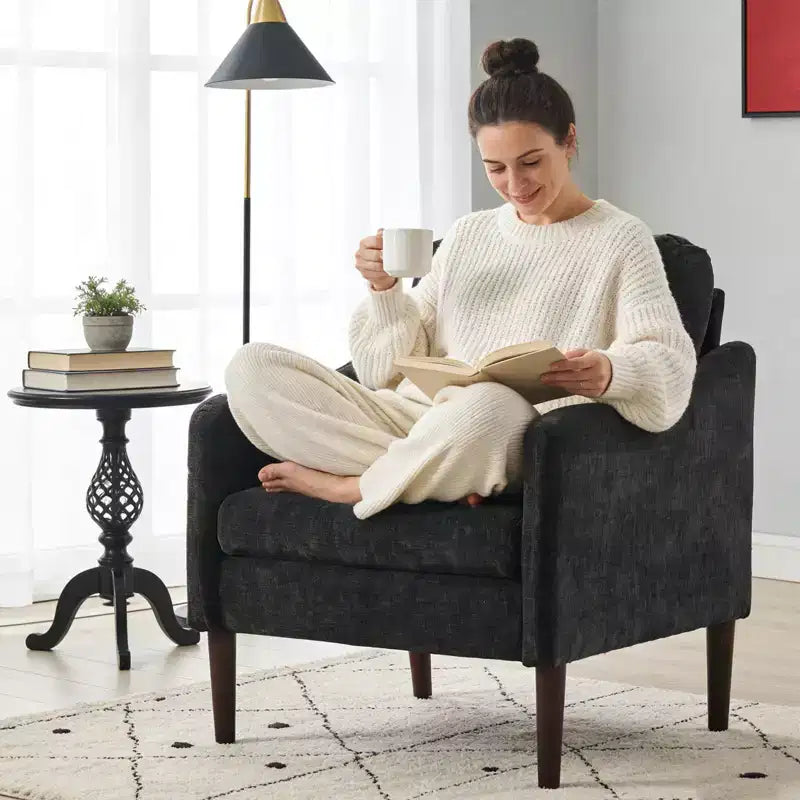 Mid-Century Modern Chenille Accent Chair with Curved Arms, Cushioned Single Sofa Chair for Living Room, Bedroom or Office