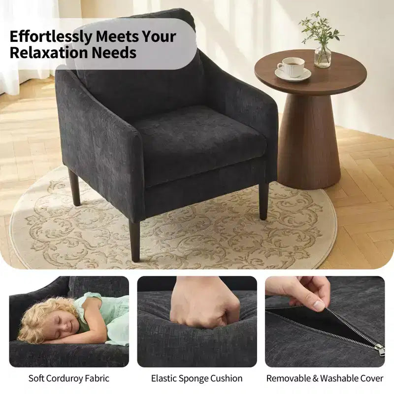 Mid-Century Modern Chenille Accent Chair with Curved Arms, Cushioned Single Sofa Chair for Living Room, Bedroom or Office