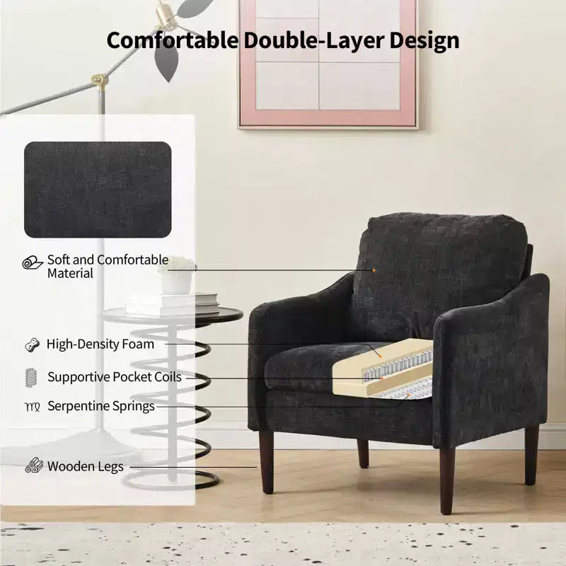 Mid-Century Modern Chenille Accent Chair with Curved Arms, Cushioned Single Sofa Chair for Living Room, Bedroom or Office