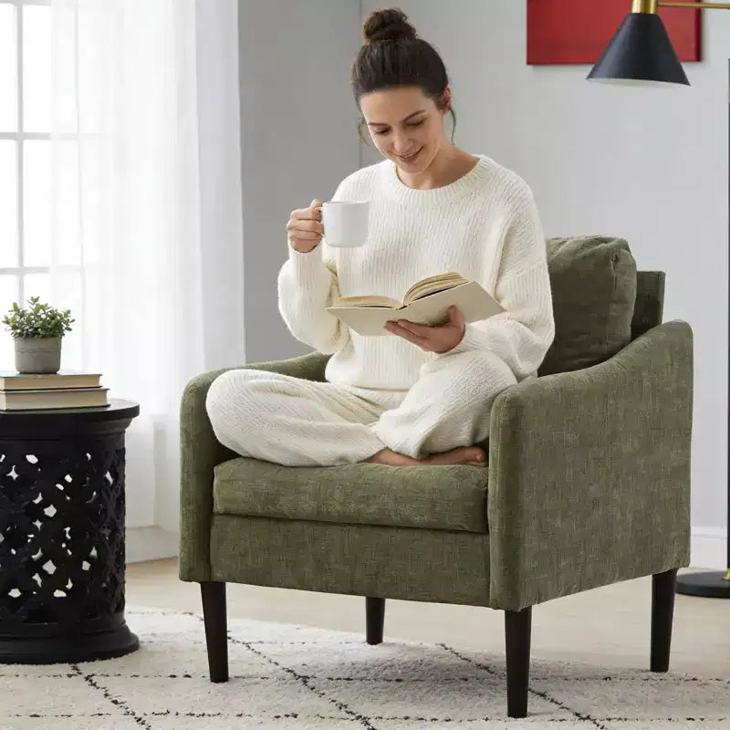 Mid-Century Modern Chenille Accent Chair with Curved Arms, Cushioned Single Sofa Chair for Living Room, Bedroom or Office
