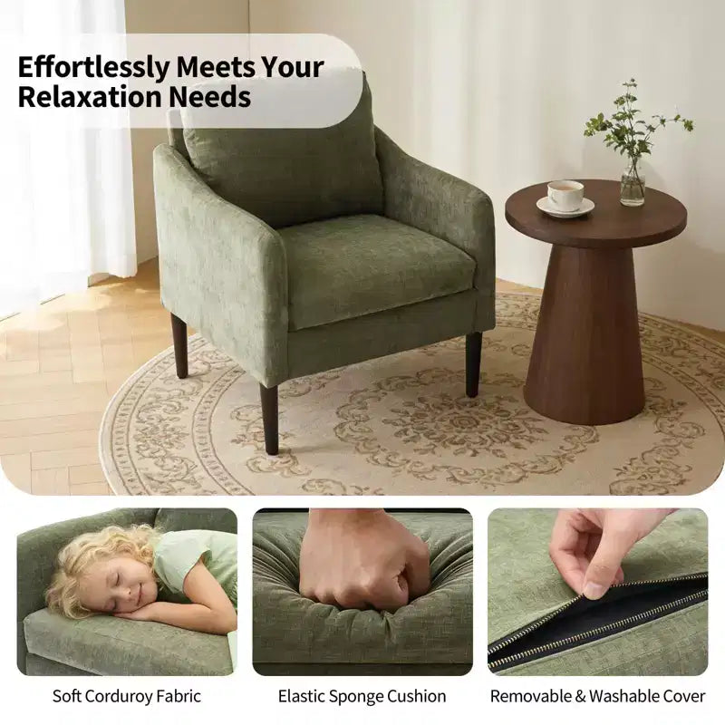 Mid-Century Modern Chenille Accent Chair with Curved Arms, Cushioned Single Sofa Chair for Living Room, Bedroom or Office