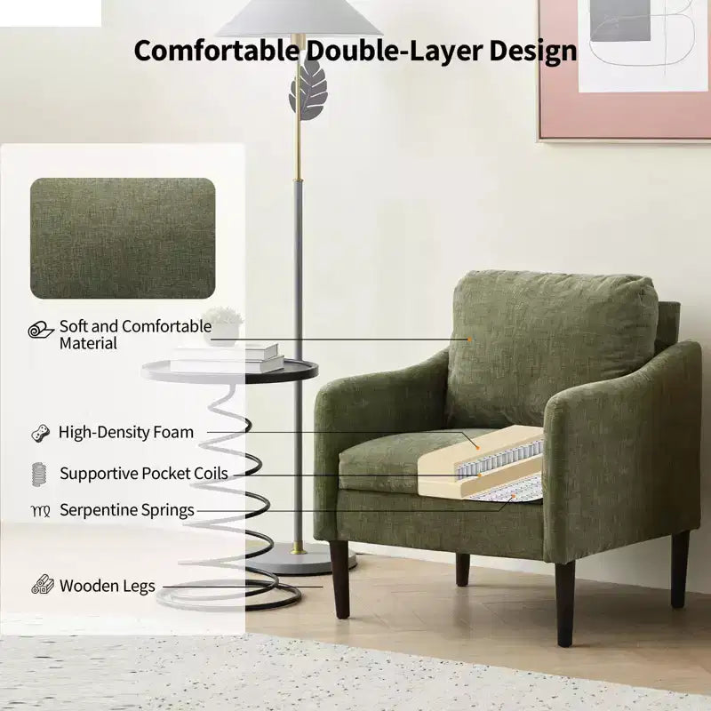 Mid-Century Modern Chenille Accent Chair with Curved Arms, Cushioned Single Sofa Chair for Living Room, Bedroom or Office