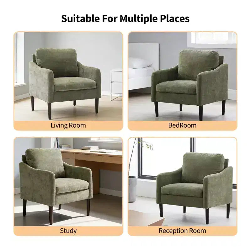 Mid-Century Modern Chenille Accent Chair with Curved Arms, Cushioned Single Sofa Chair for Living Room, Bedroom or Office