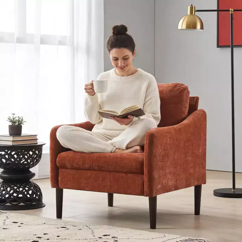 Mid-Century Modern Chenille Accent Chair with Curved Arms, Cushioned Single Sofa Chair for Living Room, Bedroom or Office