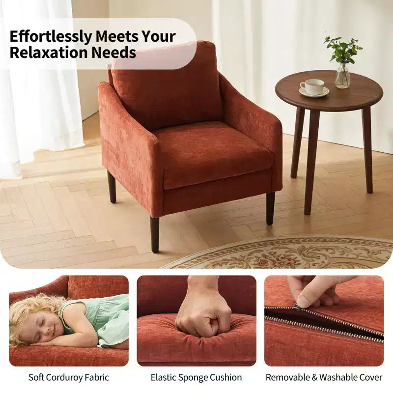 Mid-Century Modern Chenille Accent Chair with Curved Arms, Cushioned Single Sofa Chair for Living Room, Bedroom or Office