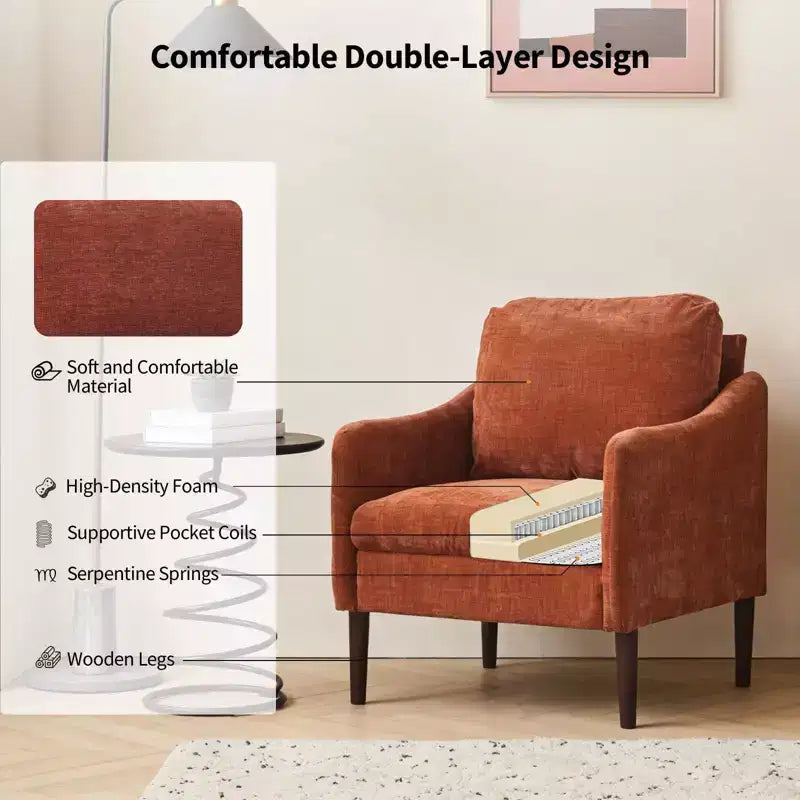 Mid-Century Modern Chenille Accent Chair with Curved Arms, Cushioned Single Sofa Chair for Living Room, Bedroom or Office