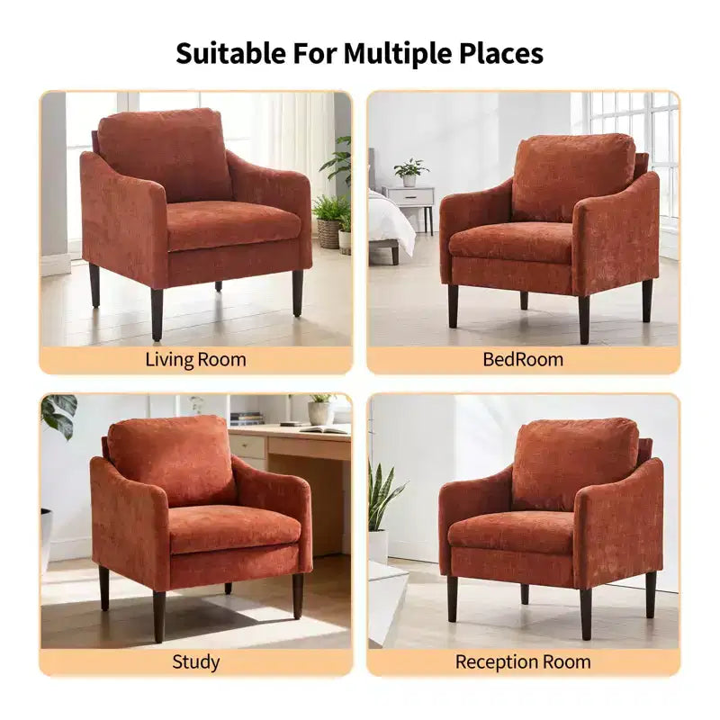 Mid-Century Modern Chenille Accent Chair with Curved Arms, Cushioned Single Sofa Chair for Living Room, Bedroom or Office